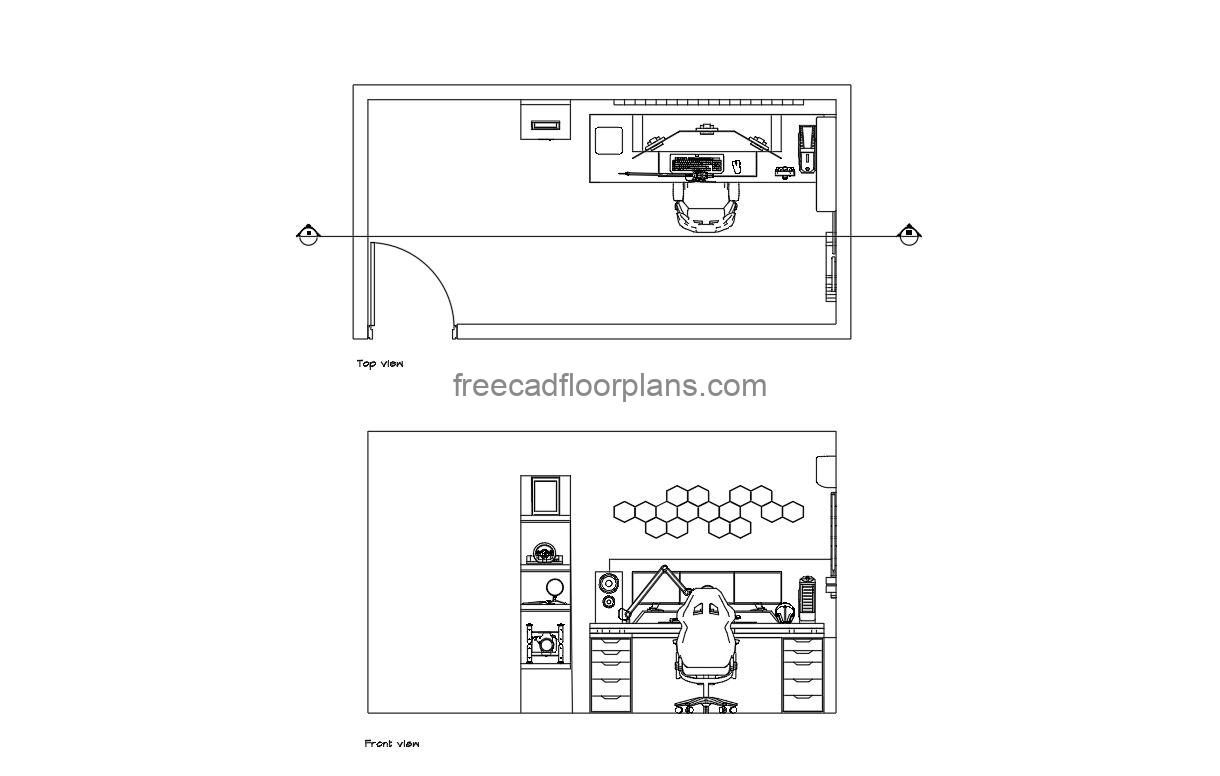 gaming room autocad drawing, plan and elevation 2d views, dwg file free for download