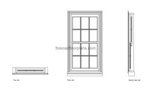 georgian sash window autocad drawing, plan and elevation 2d views, dwg file free for download