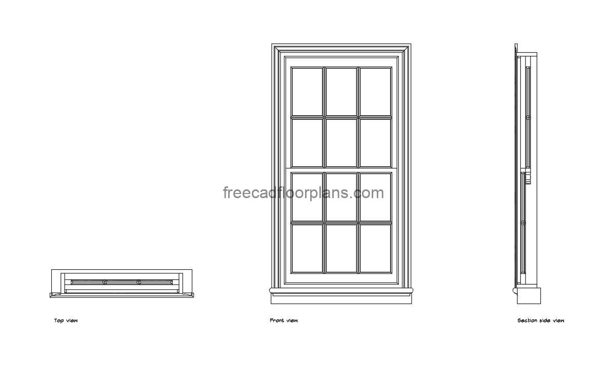 georgian sash window autocad drawing, plan and elevation 2d views, dwg file free for download