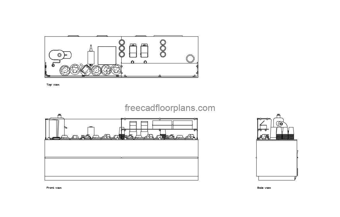 juice bar autocad drawing, plan and elevation 2d views, dwg file free for download