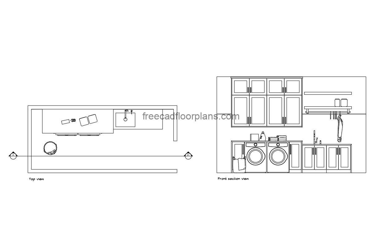 laundry room autocad drawing, plan and elevation 2d views, dwg file free for download