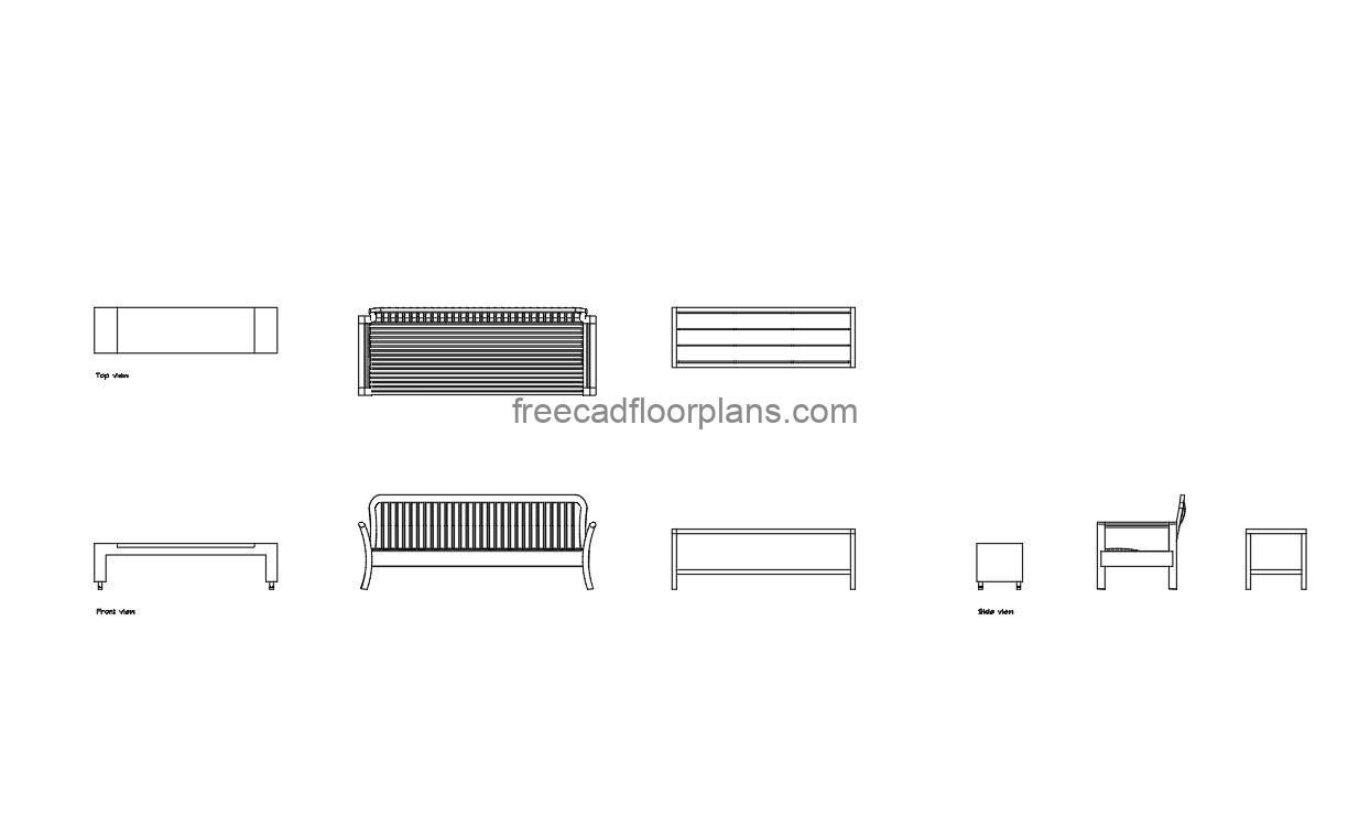 long chairs autocad drawing, plan and elevation 2d views, dwg file free for download