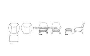 minotti prince armchair autocad drawing, plan and elevation 2d views, dwg file free for download