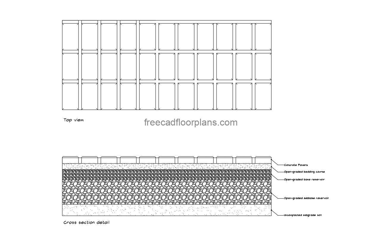 permeable pavement autocad drawing, plan and cross section 2d views, dwg file free for download