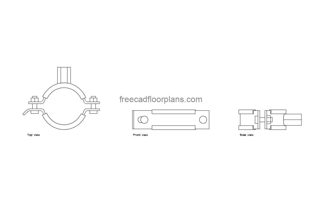 pipe clamp autocad drawing, plan and elevation 2d views, dwg file free for download