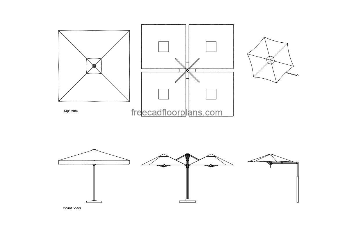 restaurant umbrellas autocad drawing, plan and elevation 2d views, dwg file free for download