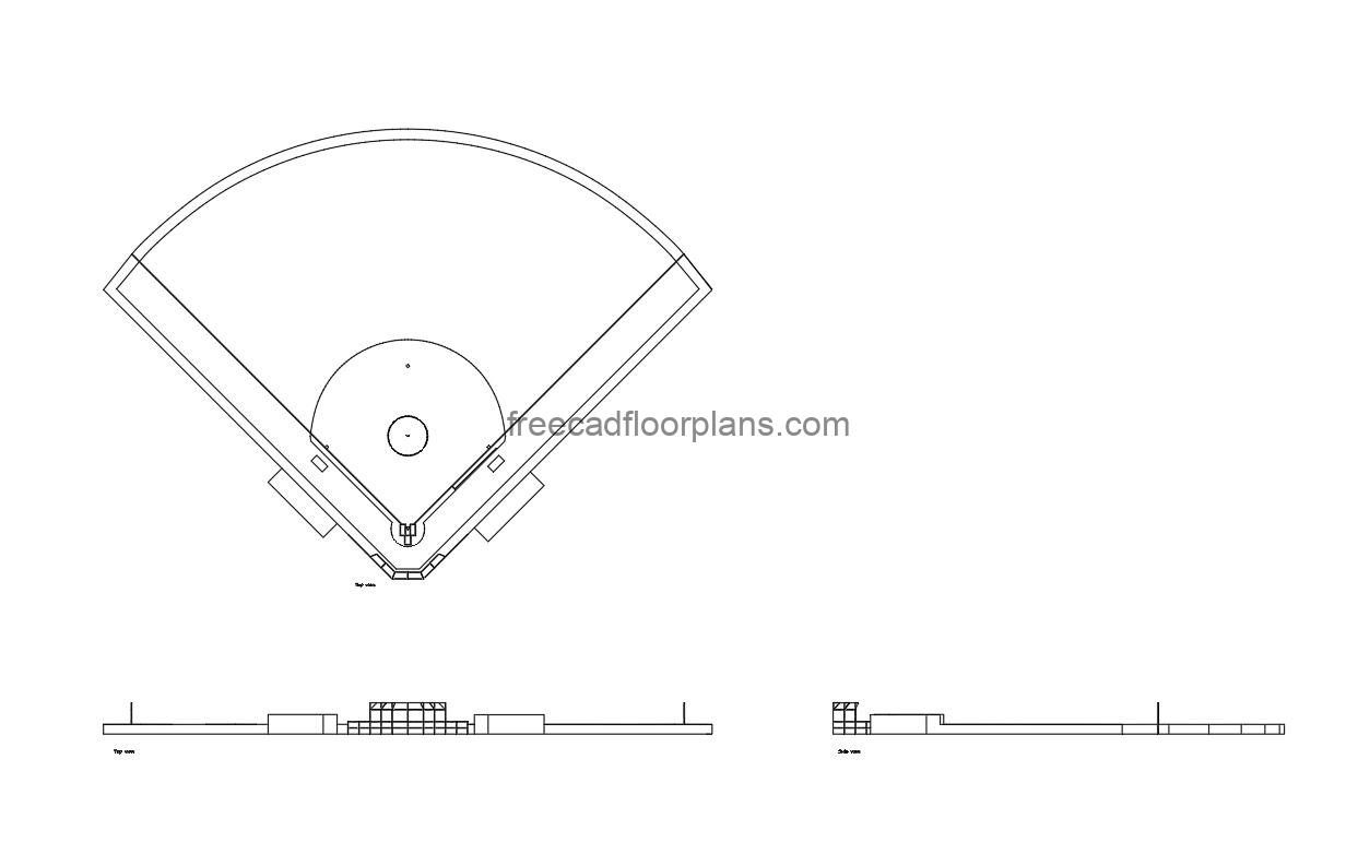 softball field autocad drawing, plan and elevation 2d views, dwg file free for download