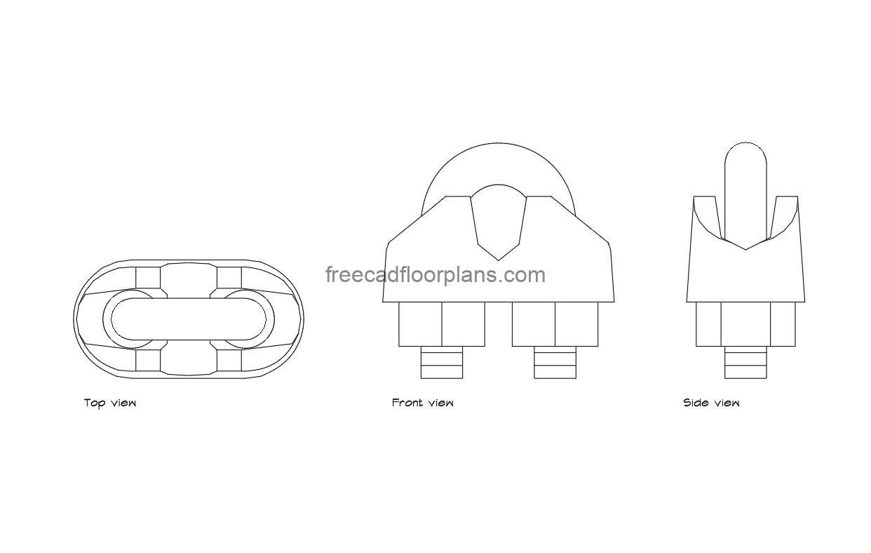 wire rope clamp autocad drawing, plan and elevation 2d views, dwg file free for download
