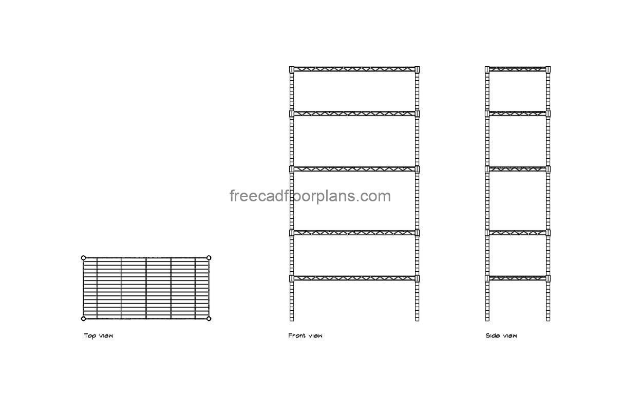 wire shelving unit autocad drawing, plan and elevation 2d views, dwg file free for download