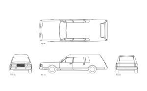 hearse funeral car autocad drawing, plan and elevation 2d views, dwg file free for download