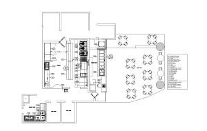 small restaurant autocad drawing, plan and elevation 2d views, dwg file free for download