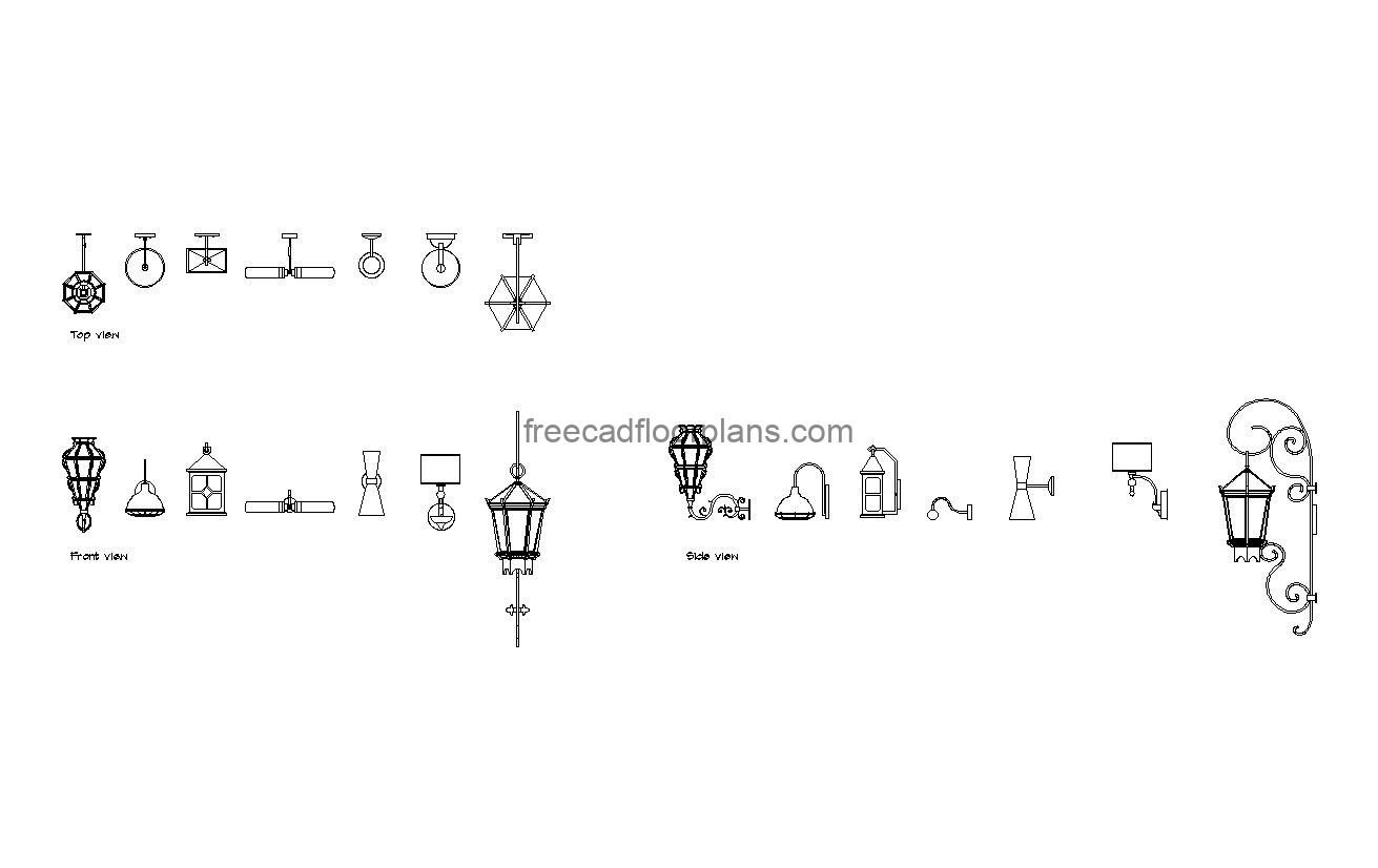 7 bracket lights autocad drawing, plan and elevation 2d views, dwg file free for download