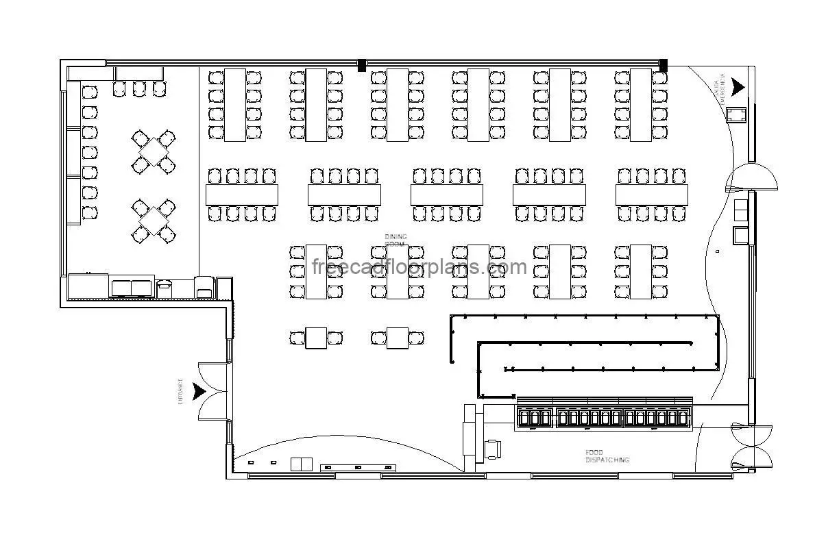 buffet canteen autocad drawing, plan and elevation 2d views, dwg file free for download