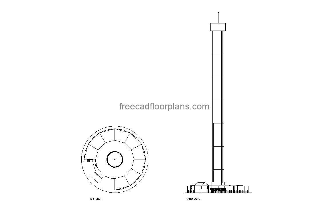 drop tower autocad drawing, plan and elevation 2d views, dwg file free for download