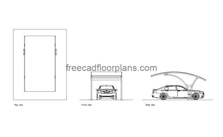 tensile car canopy autocad drawing, plan and elevation 2d views, dwg file free for download